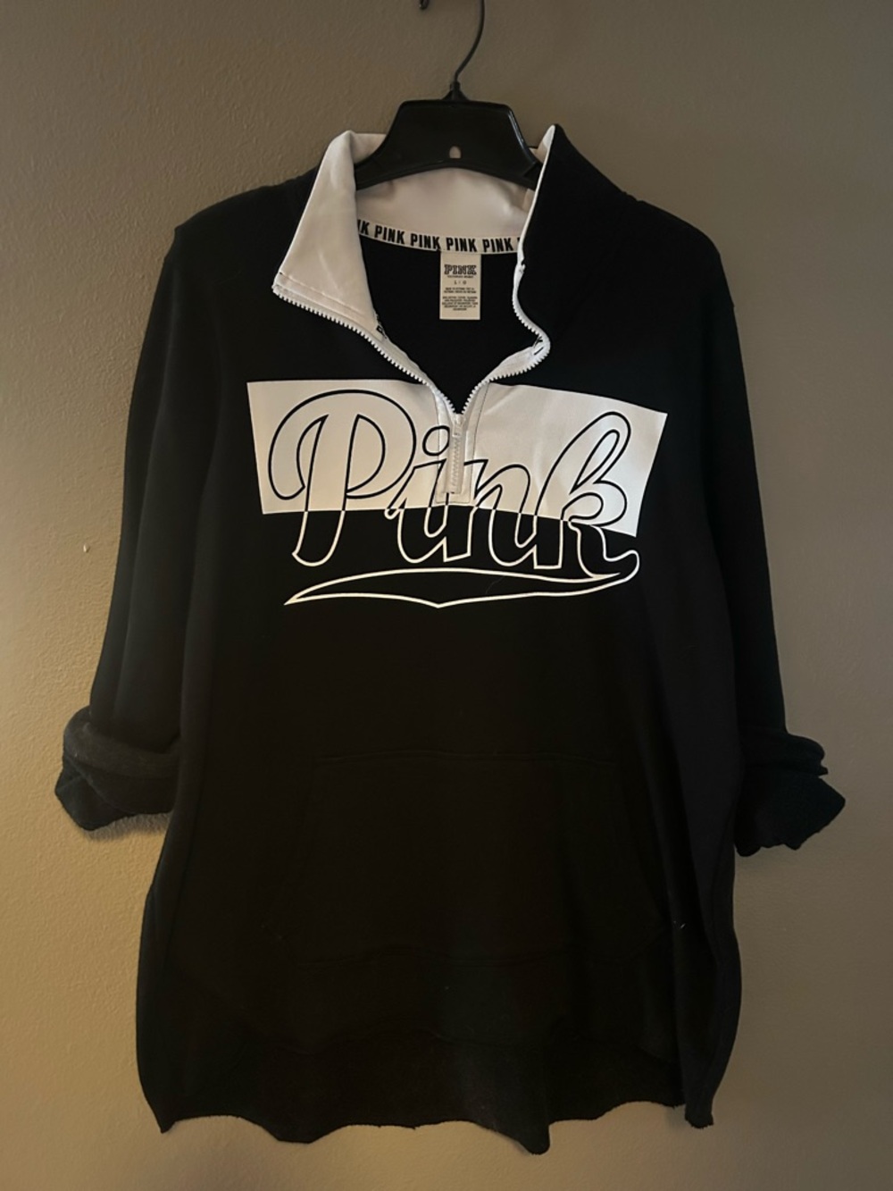 PINK Victoria's Secret Black Sweatshirt with White Logo and Collar